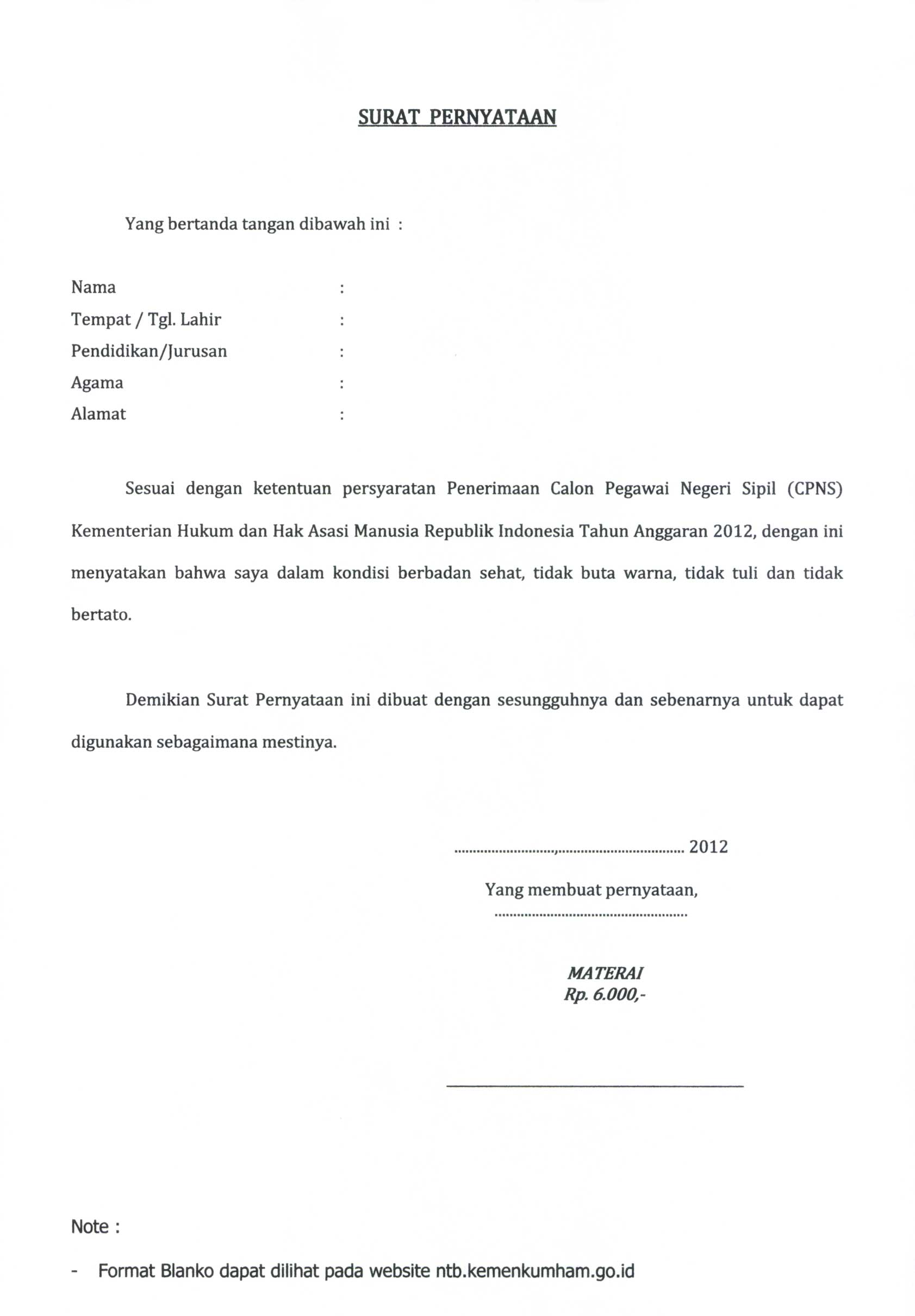 contoh surat lamaran dan surat pernyataan cpns kemenkumham | Kangbudhi 